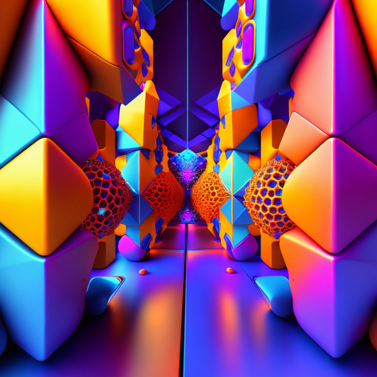 Symmetrical 3D corridor with geometric shapes and neon lights