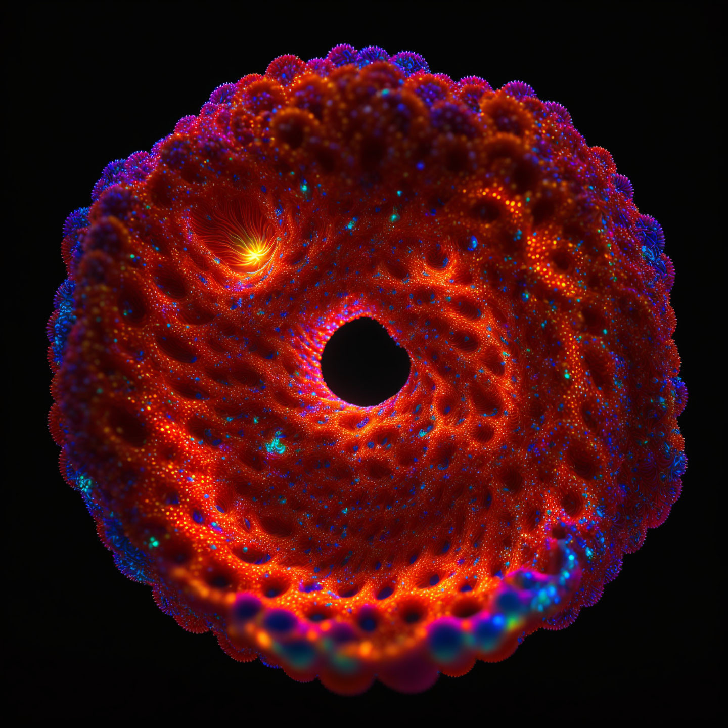 Intricate Red and Blue Torus Fractal on Black Background