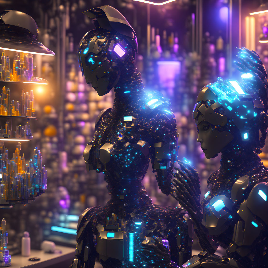 Futuristic robots with blue lighting in dimly lit room