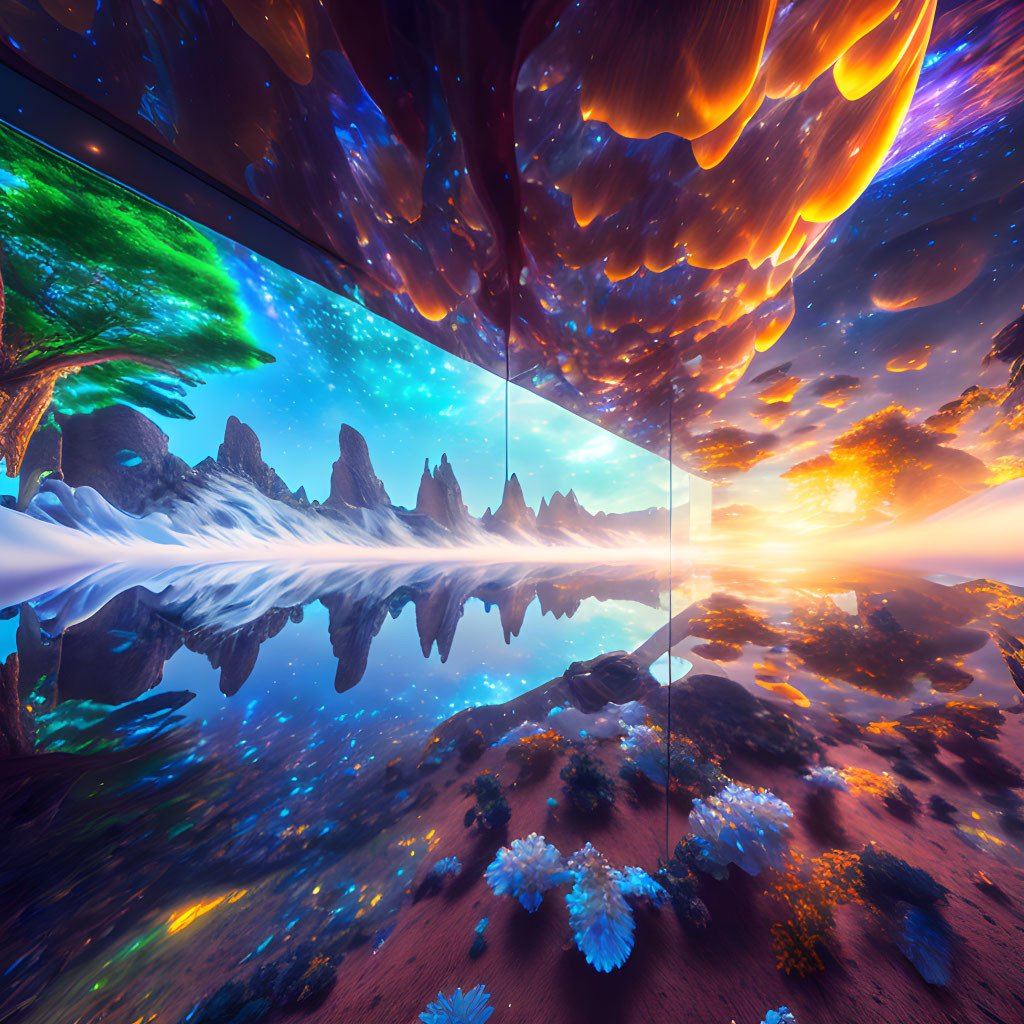 Surreal digital art: Mirror-like landscape with aurora-lit night and vibrant sunset.