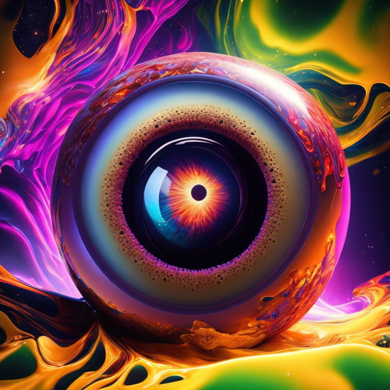 Vivid Hyper-Realistic Eye Surrounded by Swirling Fiery Liquid Artwork