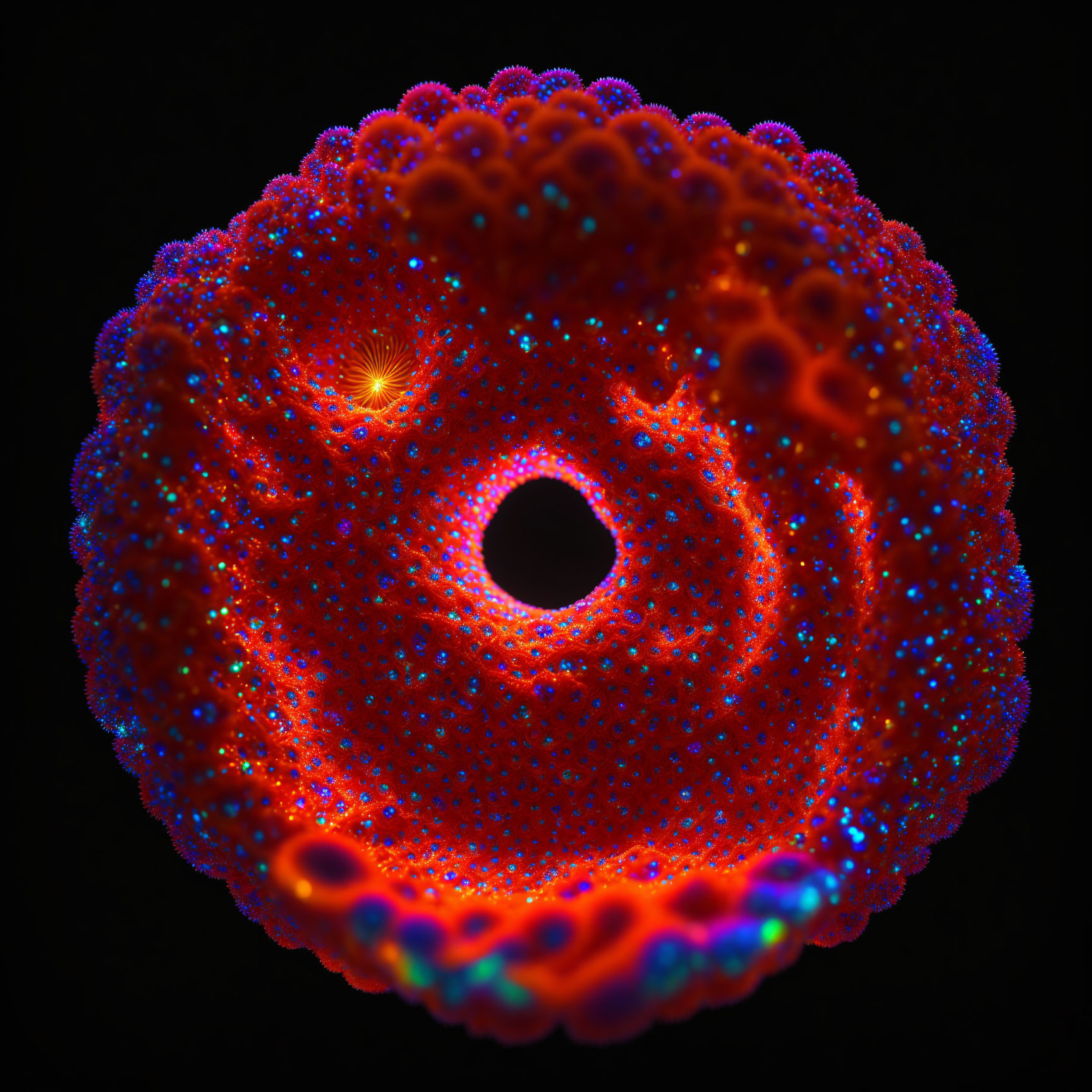 Colorful Glowing Torus with Red and Blue Patterns on Black Background