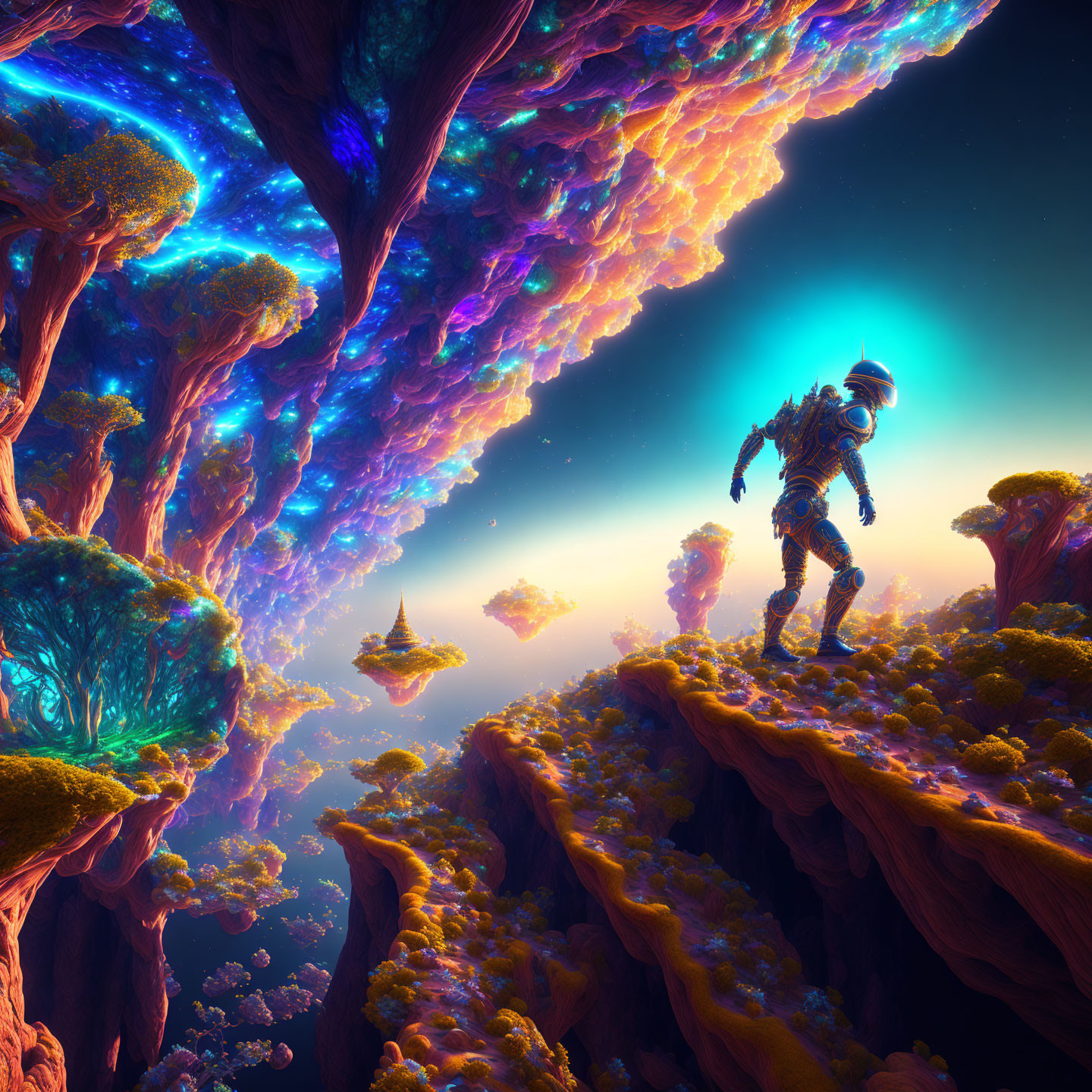 Astronaut on alien planet with vibrant flora and floating islands