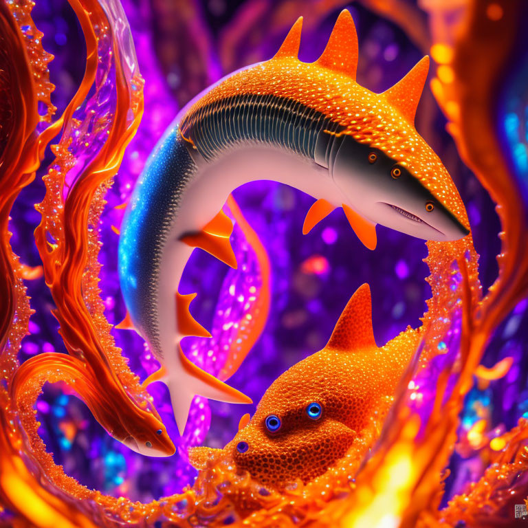 Vibrant orange star-shaped creatures with blue eyes on purple background