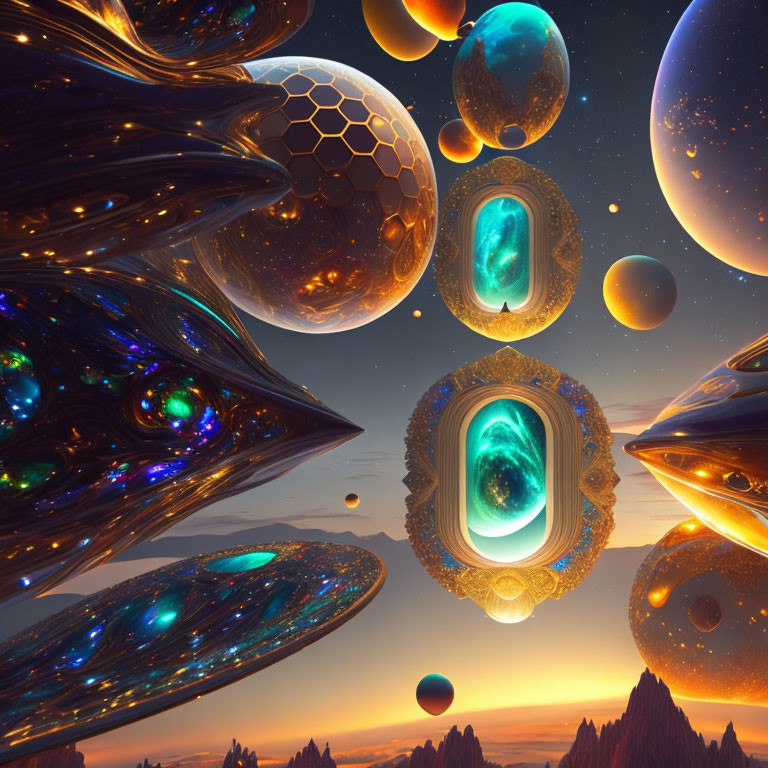 Surreal space scene with alien-like structures and glowing orbs