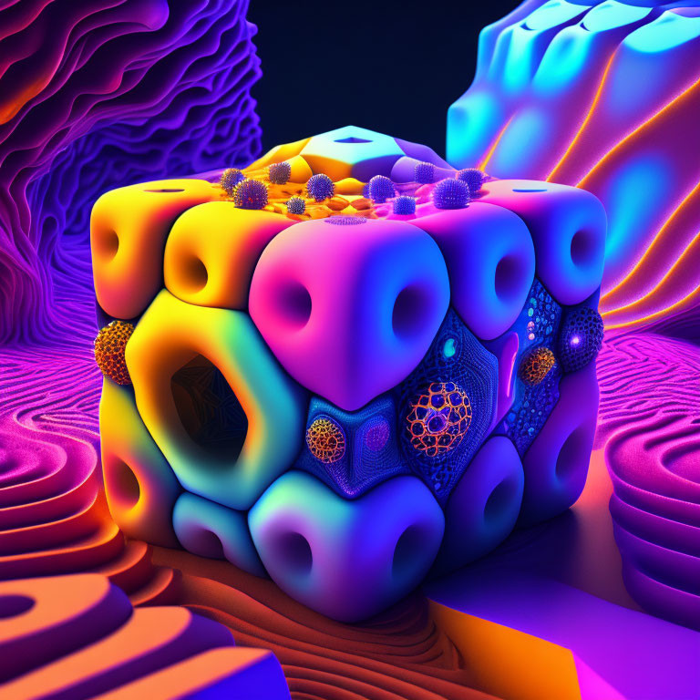 Colorful 3D Rendered Cube with Organic and Geometric Patterns