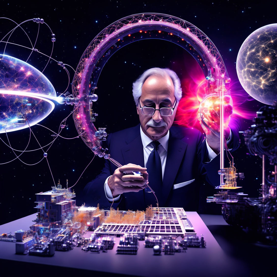 Man in suit with magnifying glass examines futuristic model city under cosmic sky