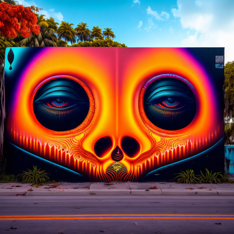 Colorful Street Art Mural of Stylized Face with Palm Trees