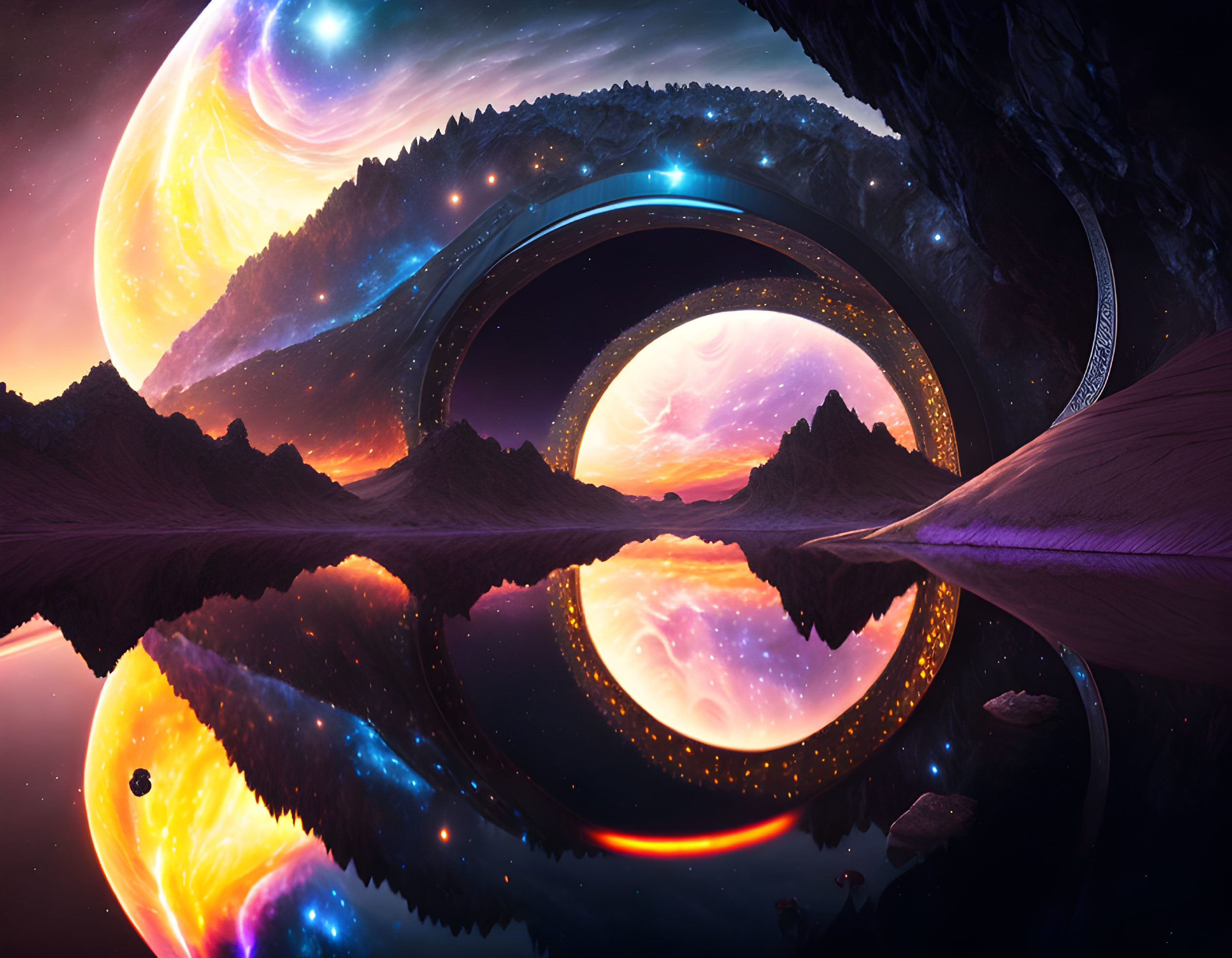 Surreal landscape with cosmic backdrop and ring-shaped structures.