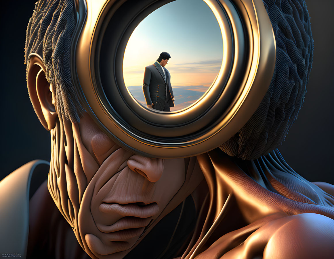 Giant muscular figure peers through circular frame at small man in suit