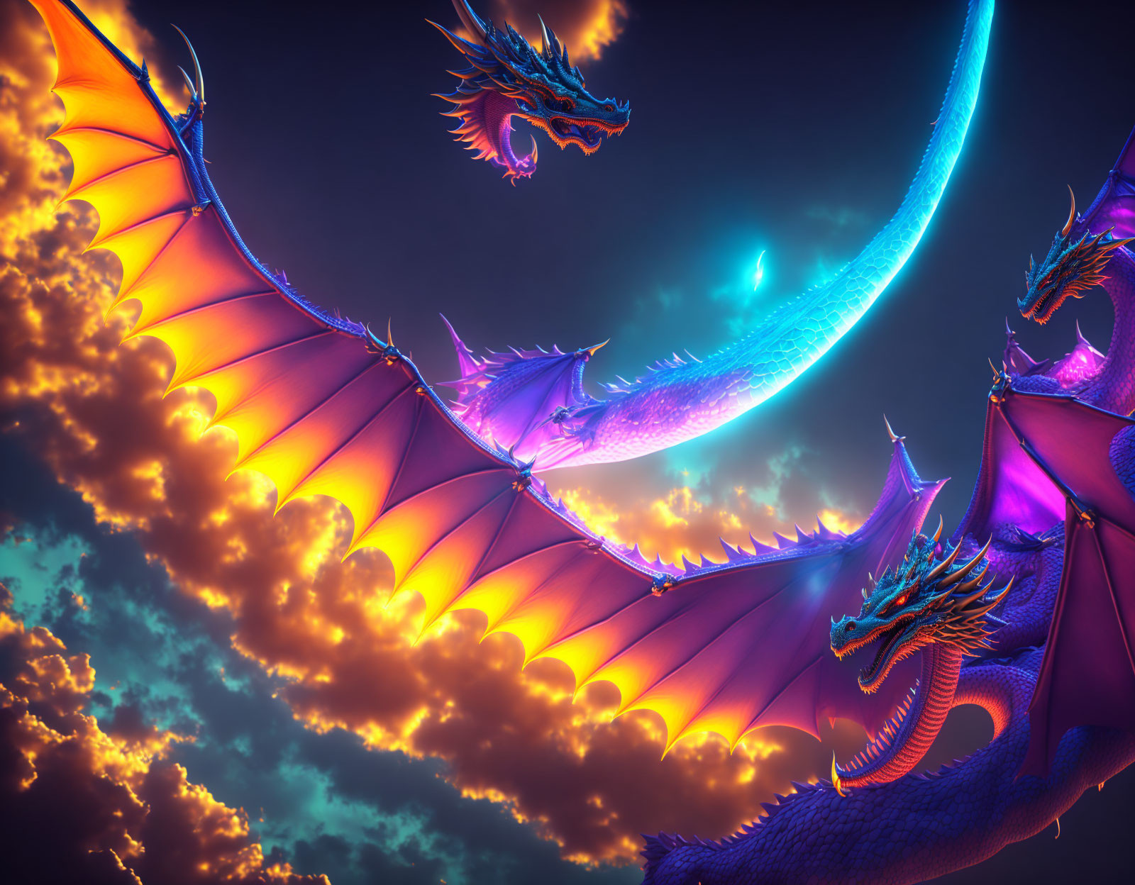 Digital artwork featuring three illuminated dragons soaring in a mystical sky