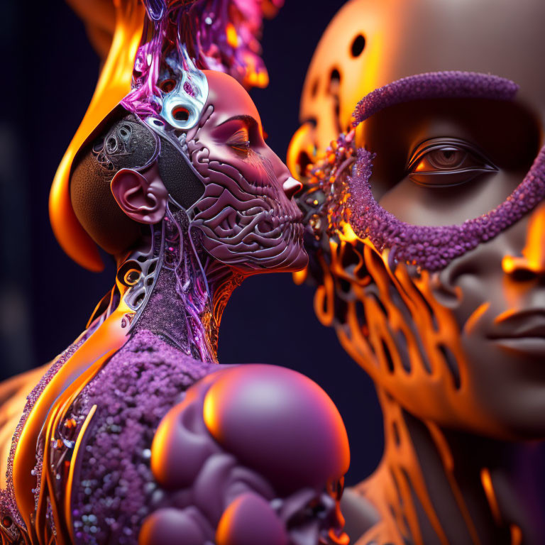 Futuristic humanoid figures with cybernetic structures and purple texturing on dark background