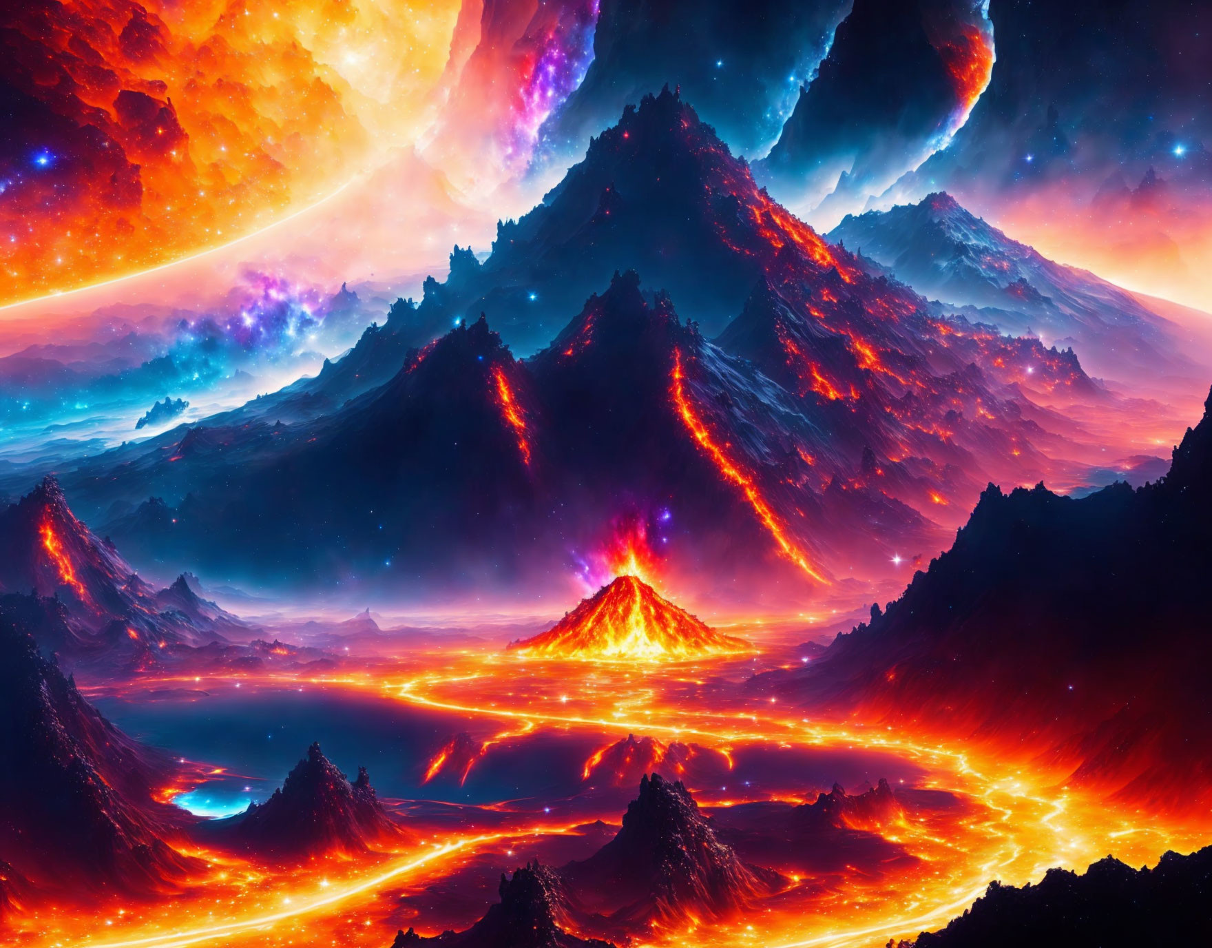 Digital art: Otherworldly volcanic landscape with cosmic sky