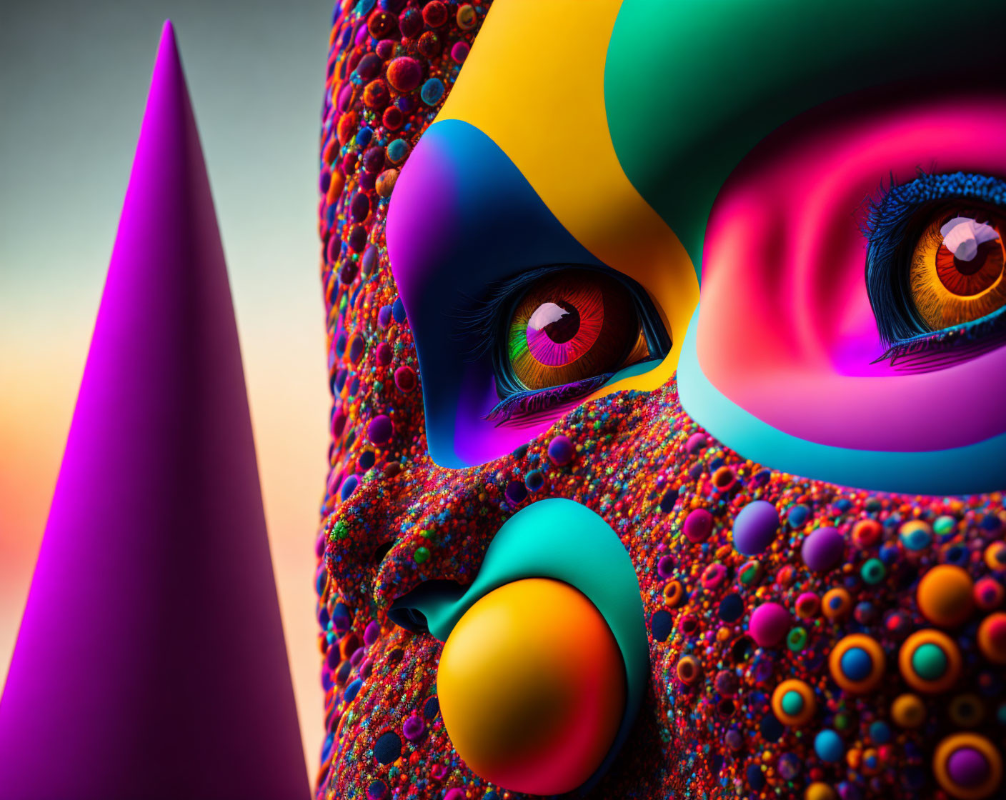 Vibrant abstract art: textured face, colorful spheres, geometric shapes on gradient backdrop