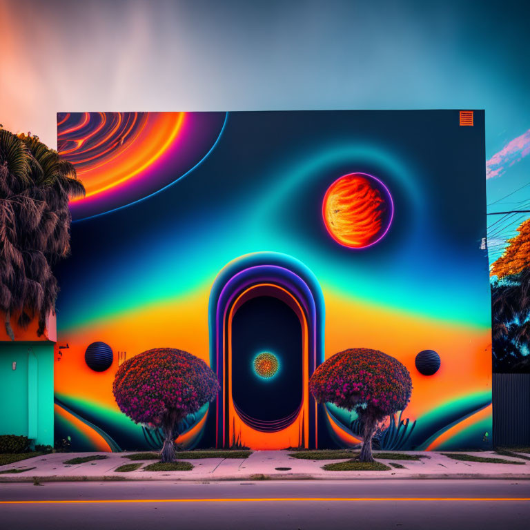 Abstract cosmic gateway mural with stylized trees under swirling sky