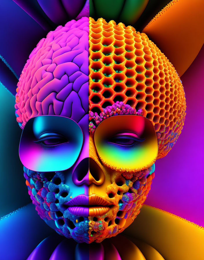 Surrealist split human face with brain and honeycomb details