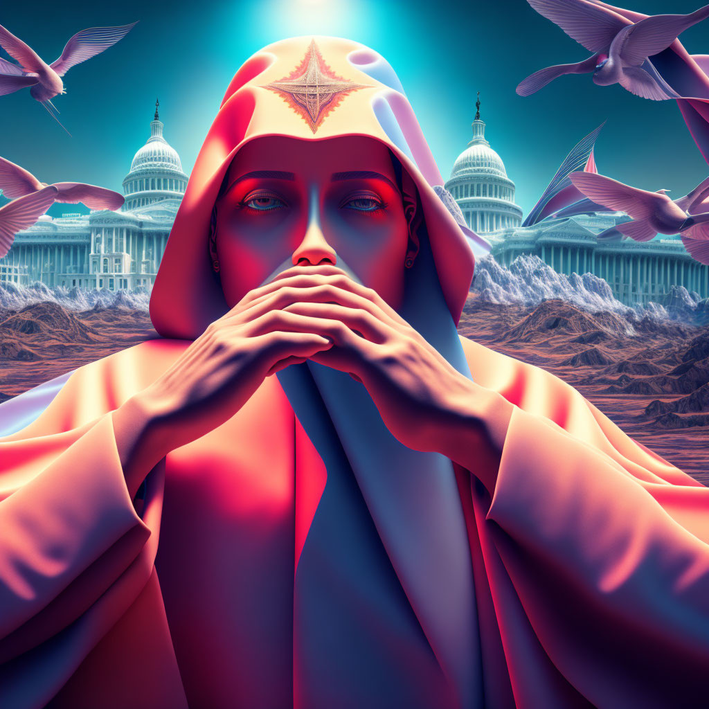 Surreal illustration: cloaked figure, U.S. Capitol, flying pigeons, mountains,