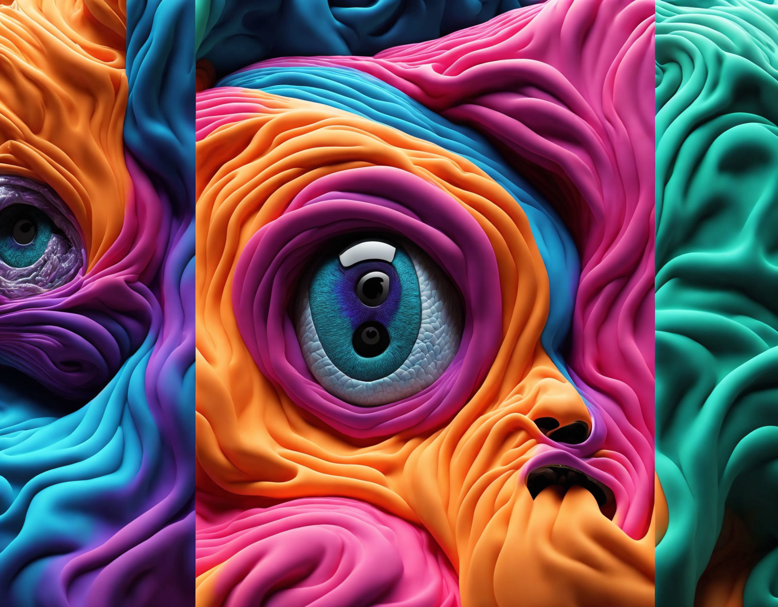 Colorful Digital Artwork: Three Stylized Eyes in Swirling Textures