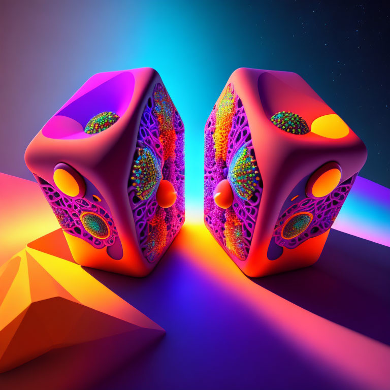 Neon-colored dice on purple and orange surface under starry sky