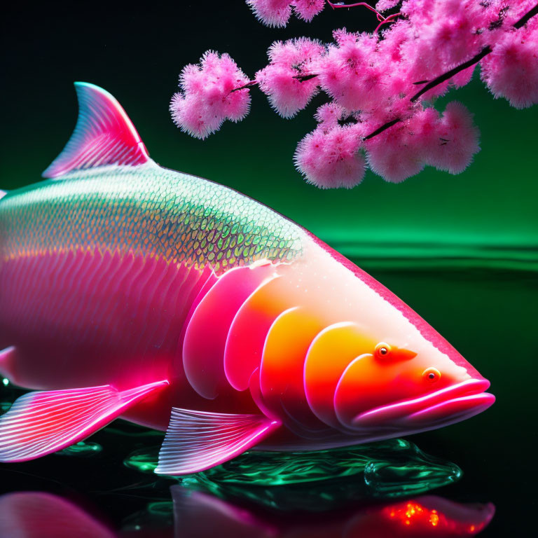 Colorful porcelain fish under pink cherry blossoms on glossy surface.