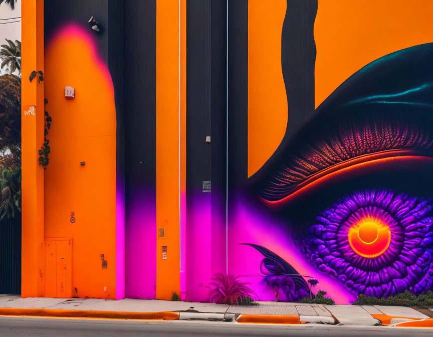 Colorful street mural of detailed eye on orange building wall with purple lighting.