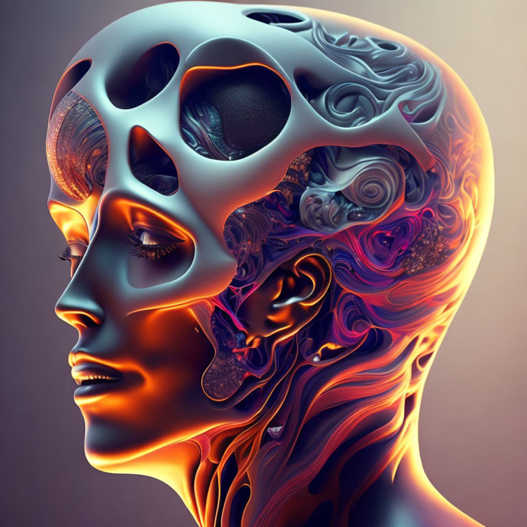 Colorful Digital Artwork: Human Head Profile with Swirling Patterns