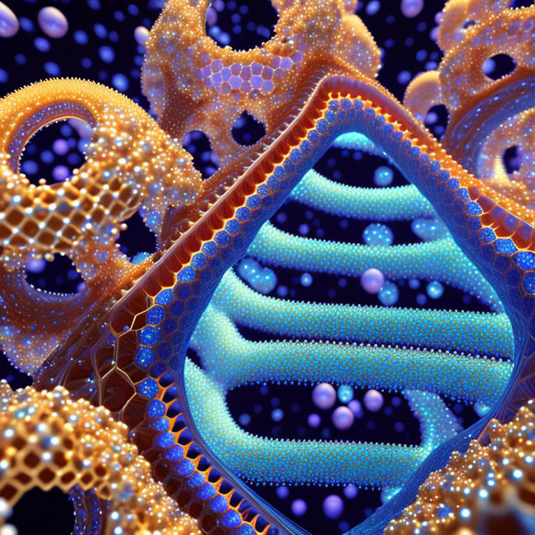 Intricate 3D fractal art: Blue and orange bio-like patterns with glowing orbs