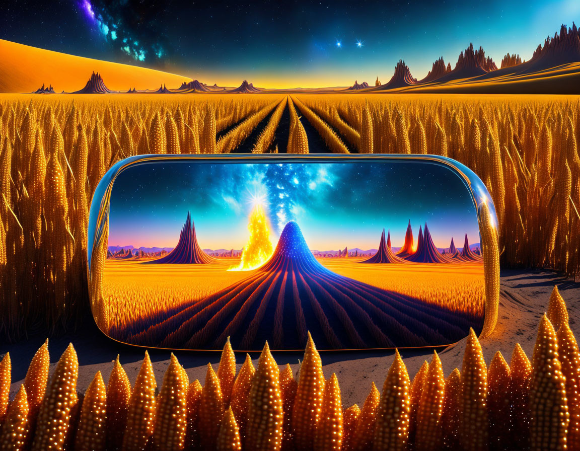 Surreal landscape: golden wheat fields, volcanic eruption, starry sky