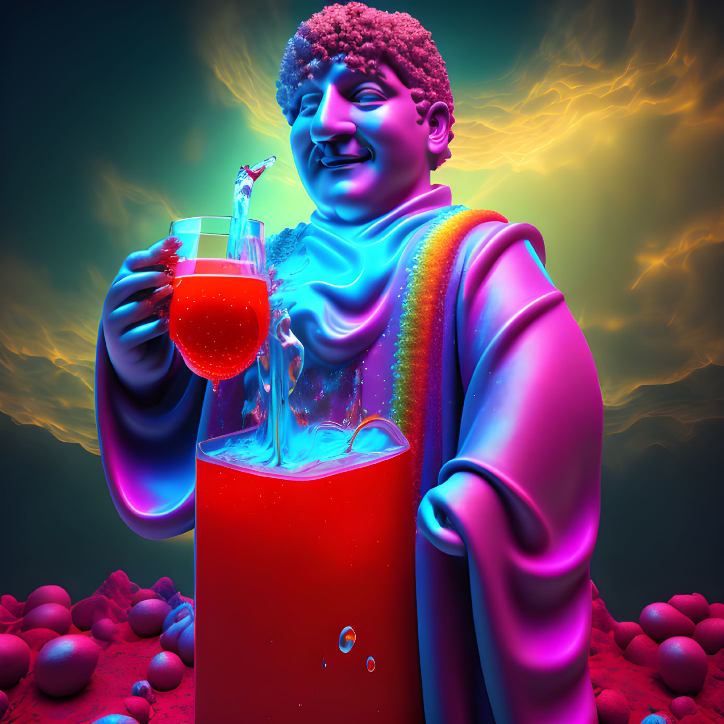 Vibrant surreal statue pouring liquid in colorful setting