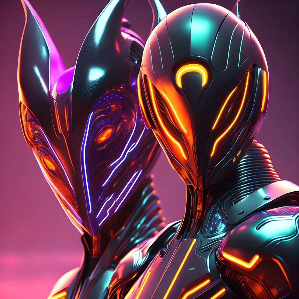 Futuristic robotic figures with neon lighting on pink and purple background