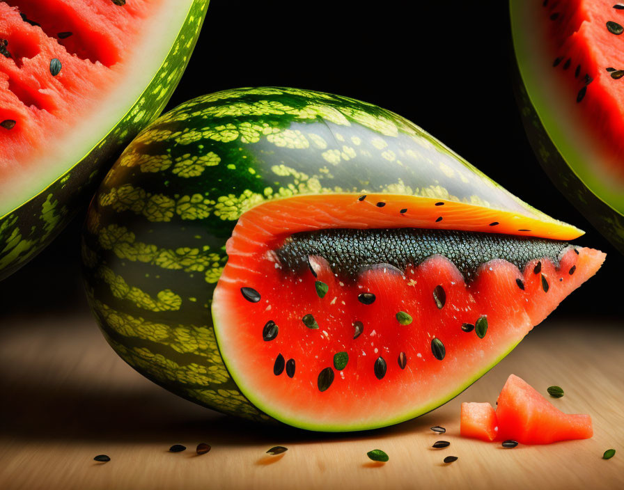 Freshly cut ripe watermelon with red interior and black seeds, a slice with a bite taken out