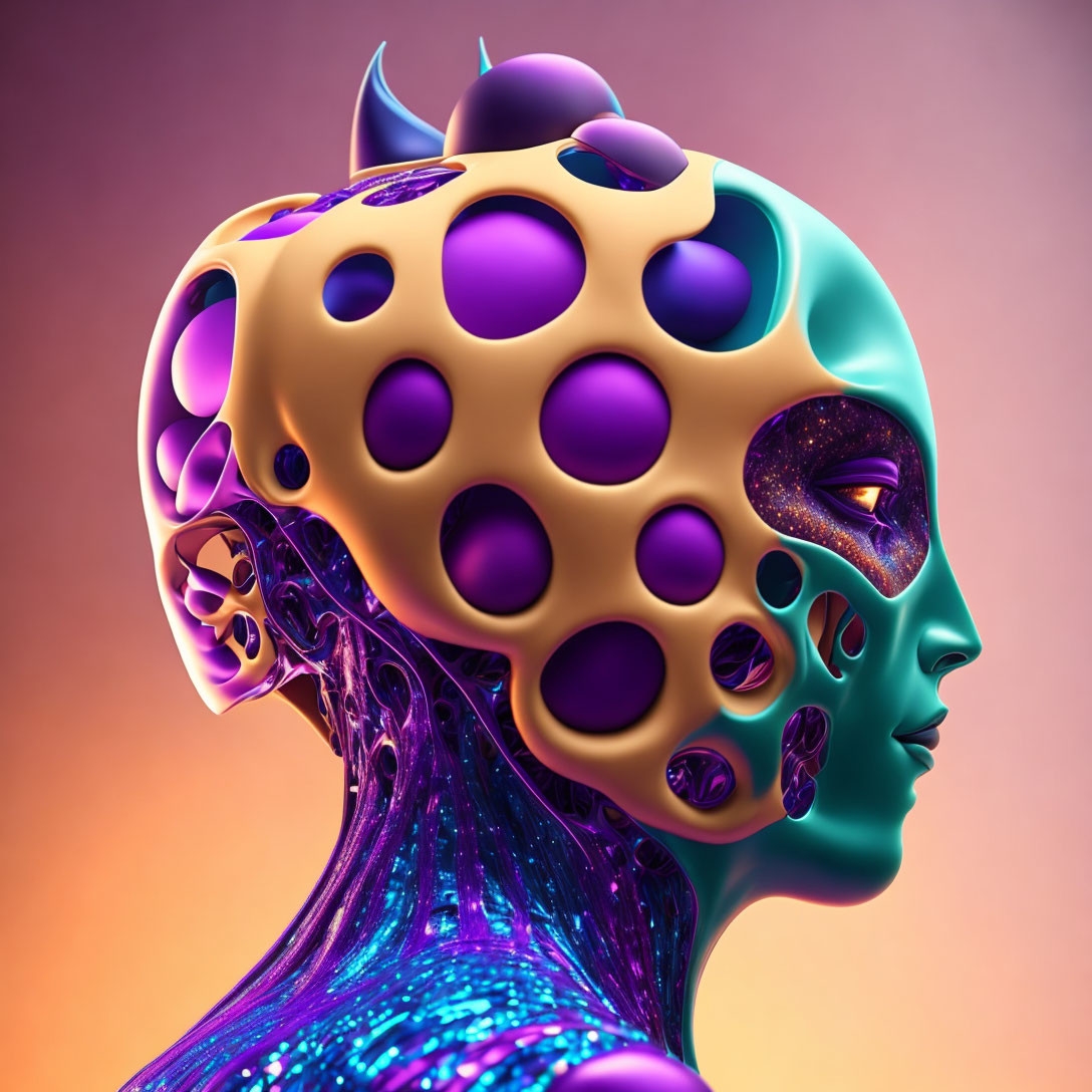 Futuristic 3D humanoid profile with porous horned head on gradient background