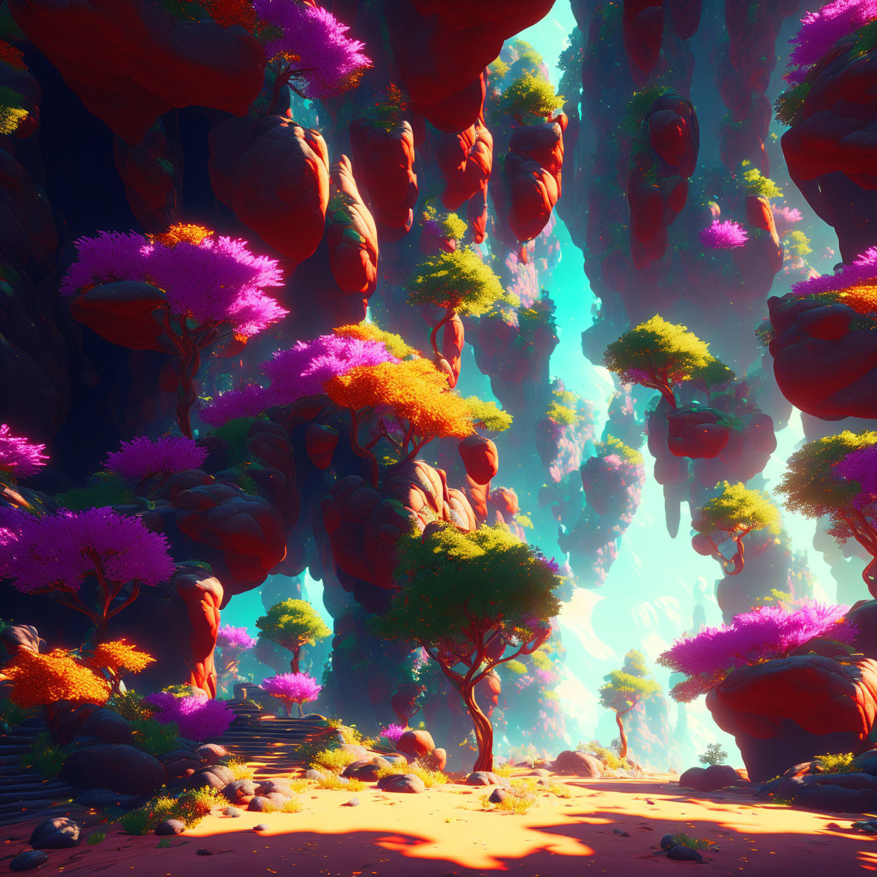 Colorful Floating Rock Formations in Vibrant Forest