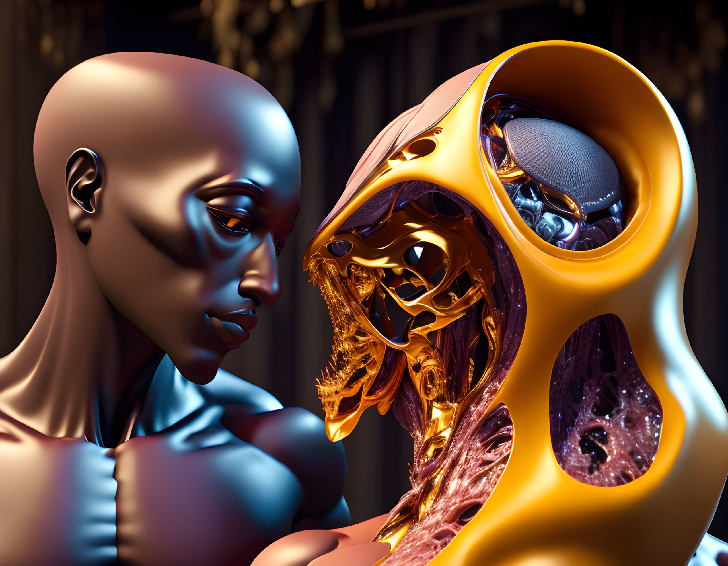 Futuristic humanoid figures with gold helmet in dark setting