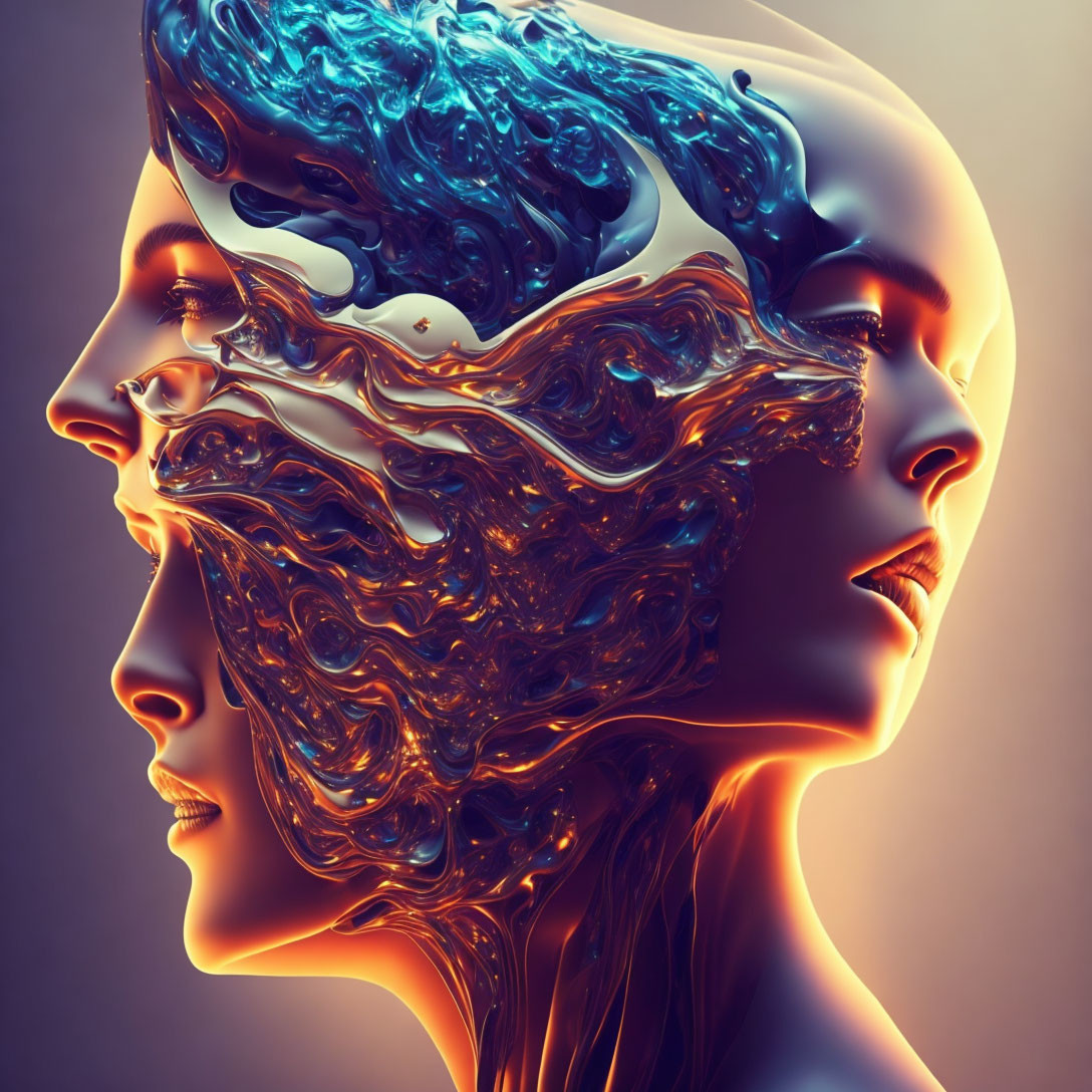 Two humanoid faces blending minds in warm colors