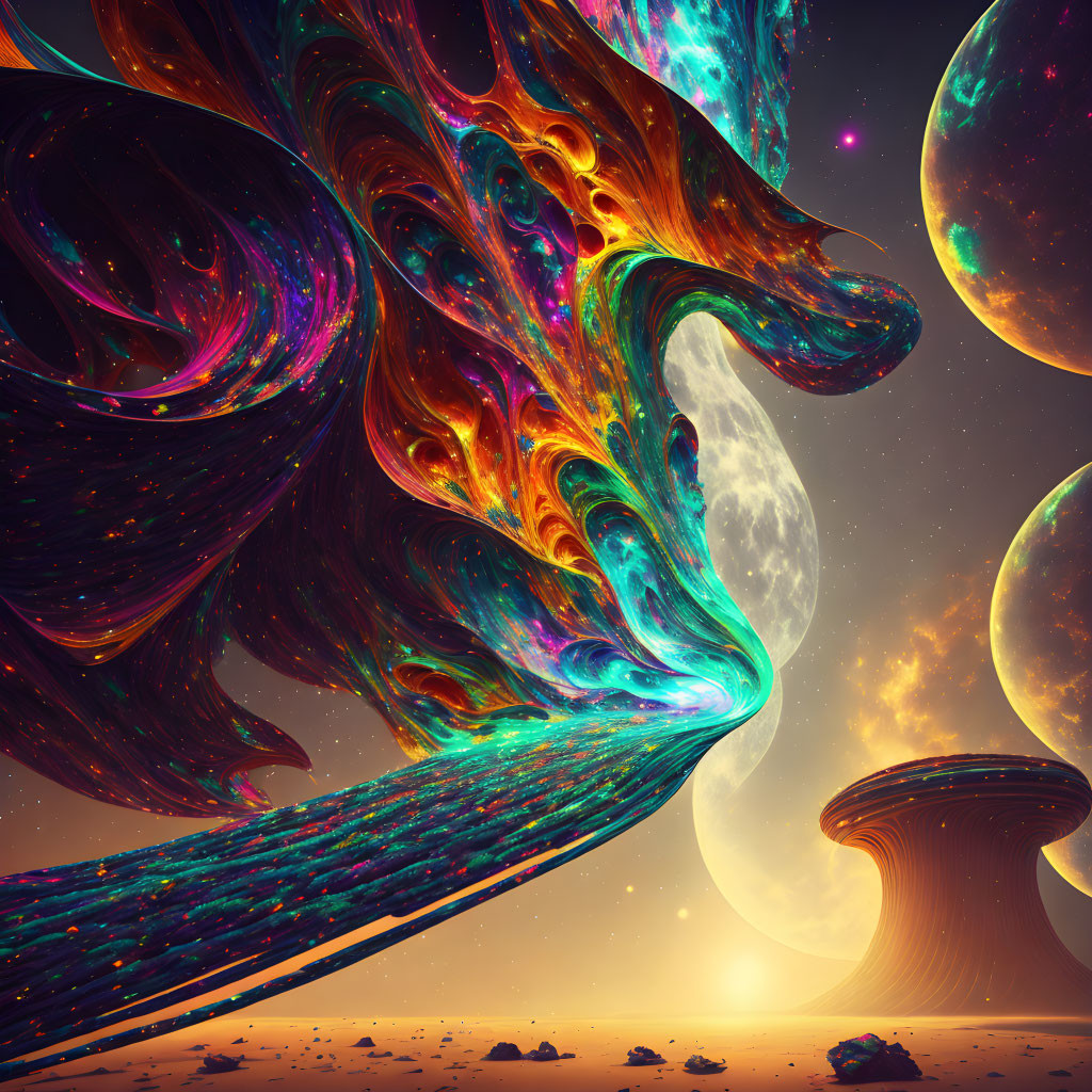 Vibrant cosmic scene with swirling colors, planet, and floating rocks.