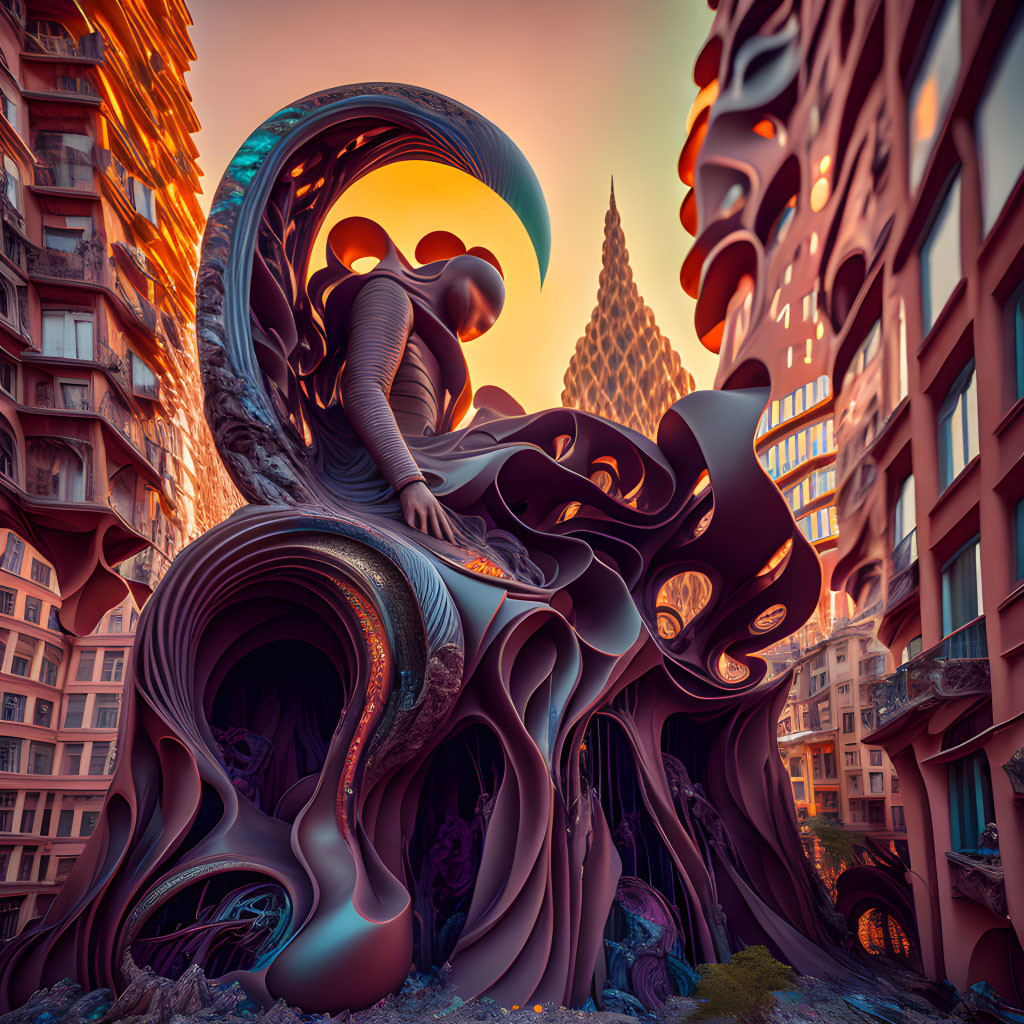 Surreal figure in organic structure with futuristic skyline