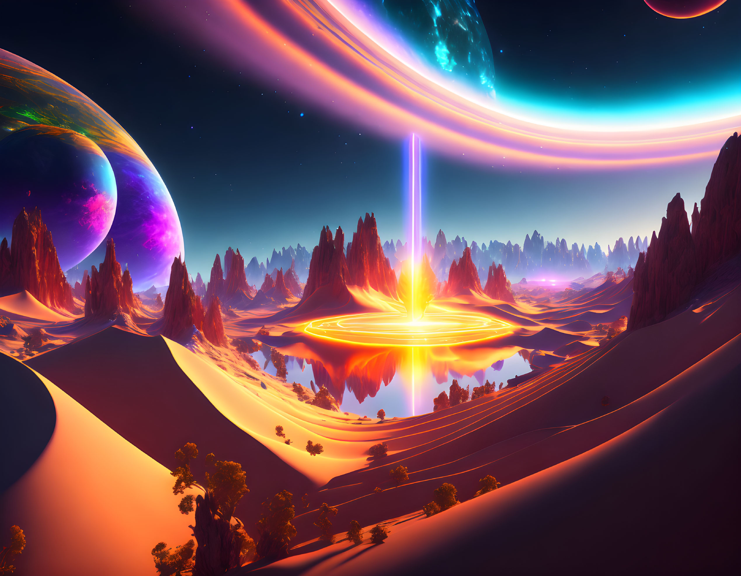 Colorful sci-fi landscape with towering rocks, luminous beam, moons, and nebula