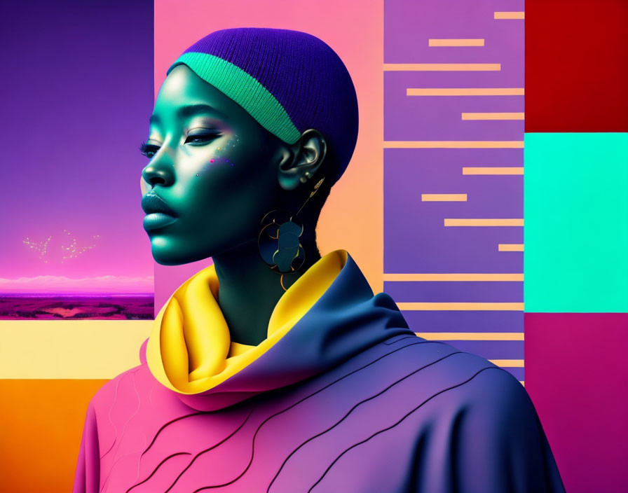 Colorful digital portrait of woman with bold makeup against geometric and sunset backdrop