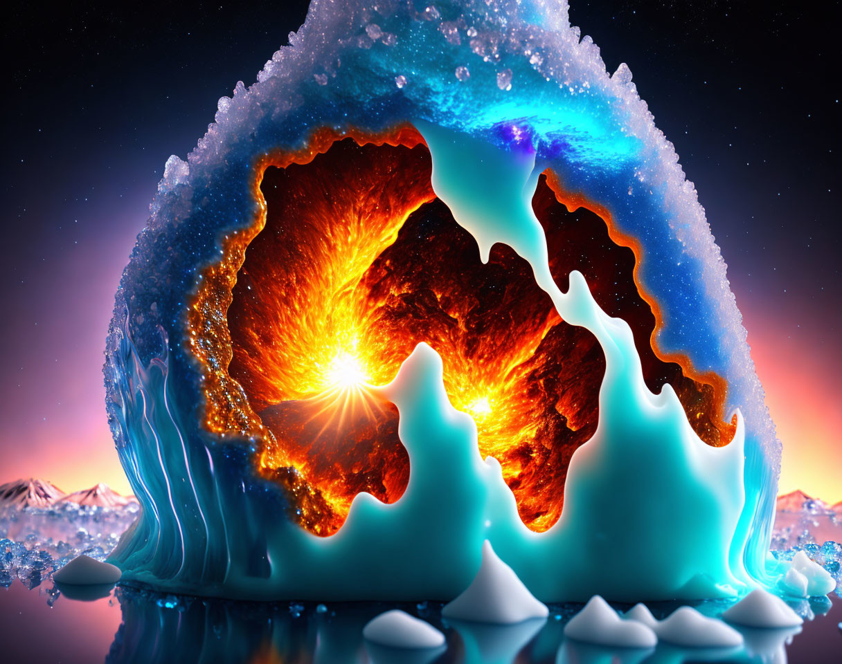 Digital artwork: Fiery cavern in icy exterior under starry sky