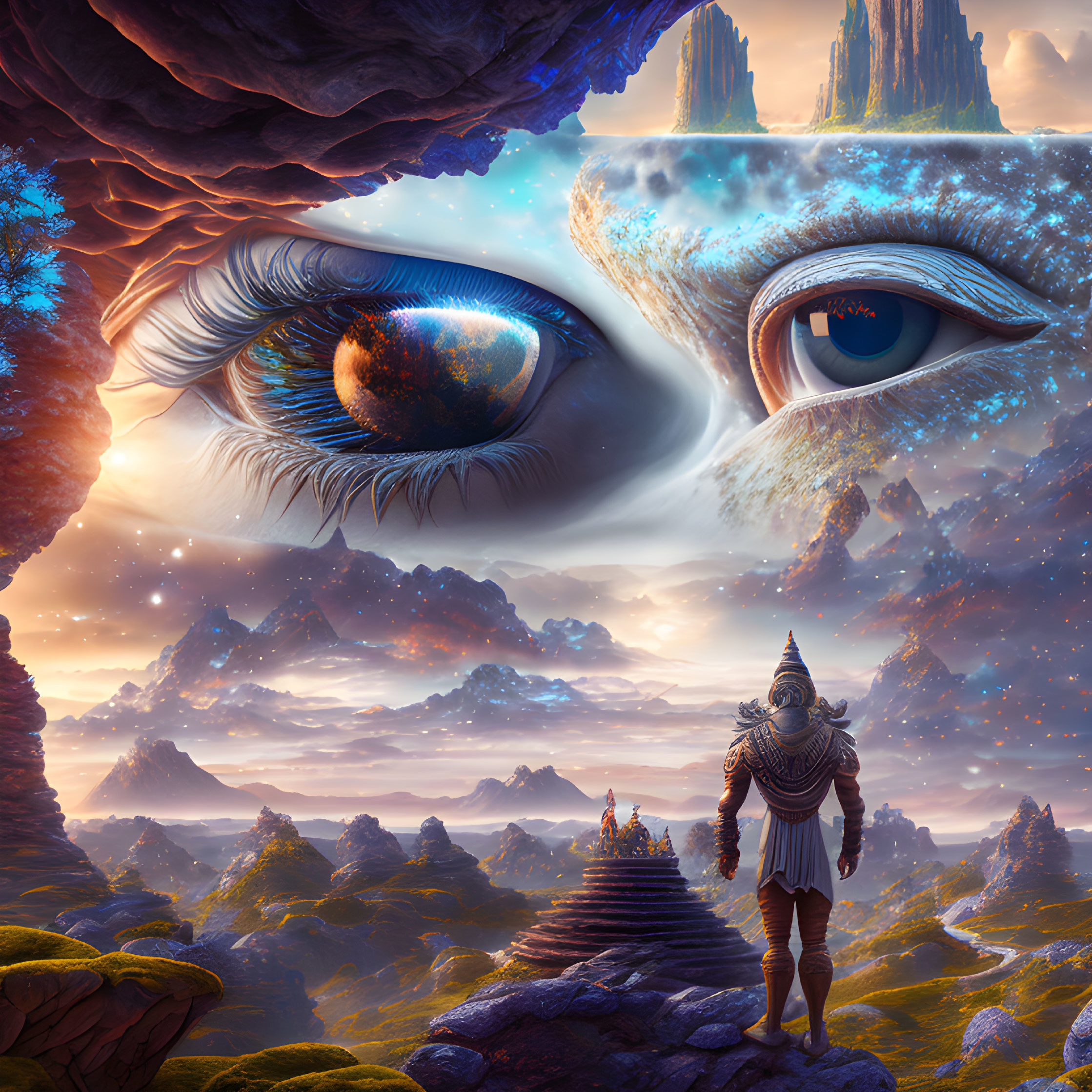 Colossal Eyes Over Knight in Surreal Landscape