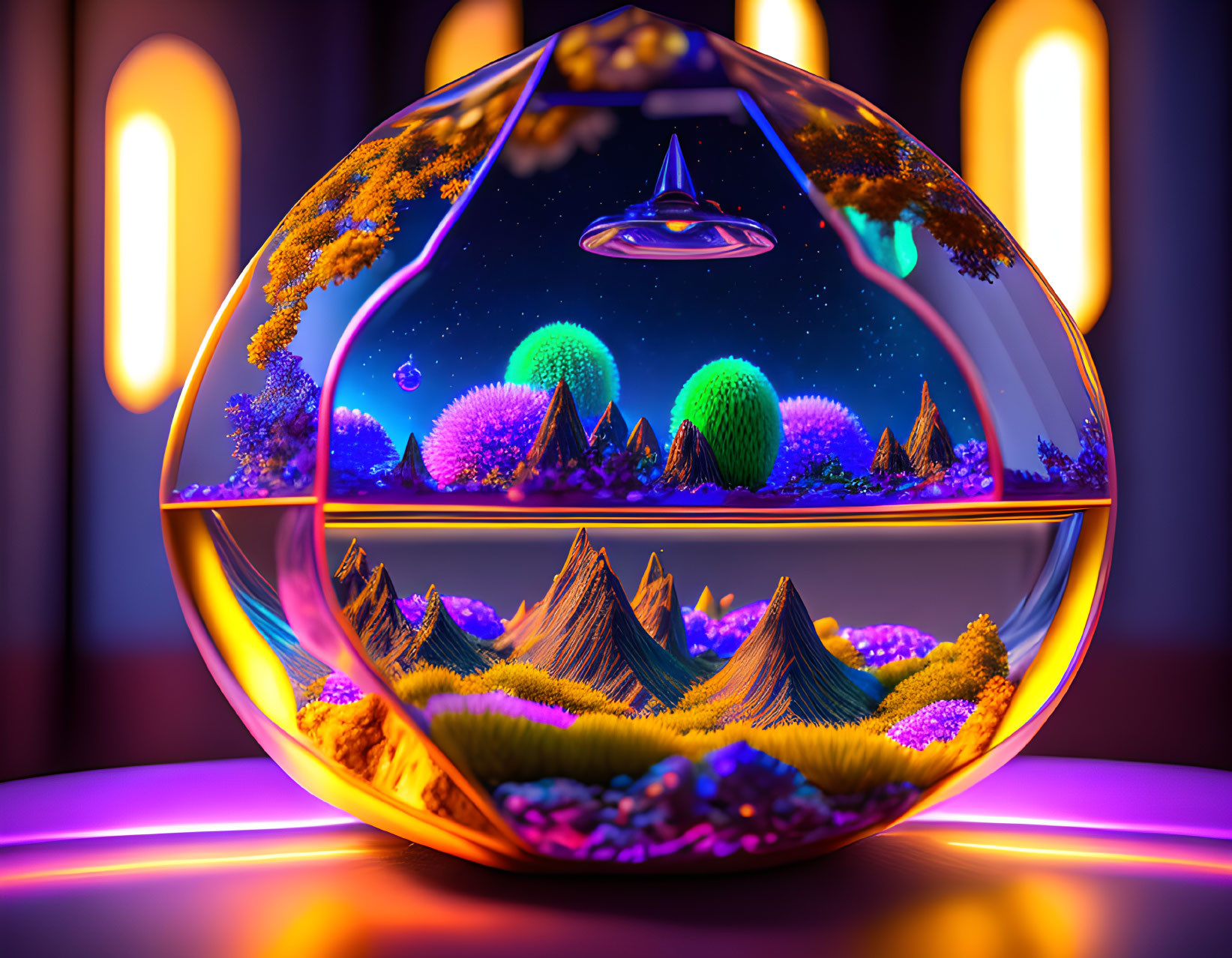 Surreal landscape with neon-lit trees, mountains, and UFO in glass orb