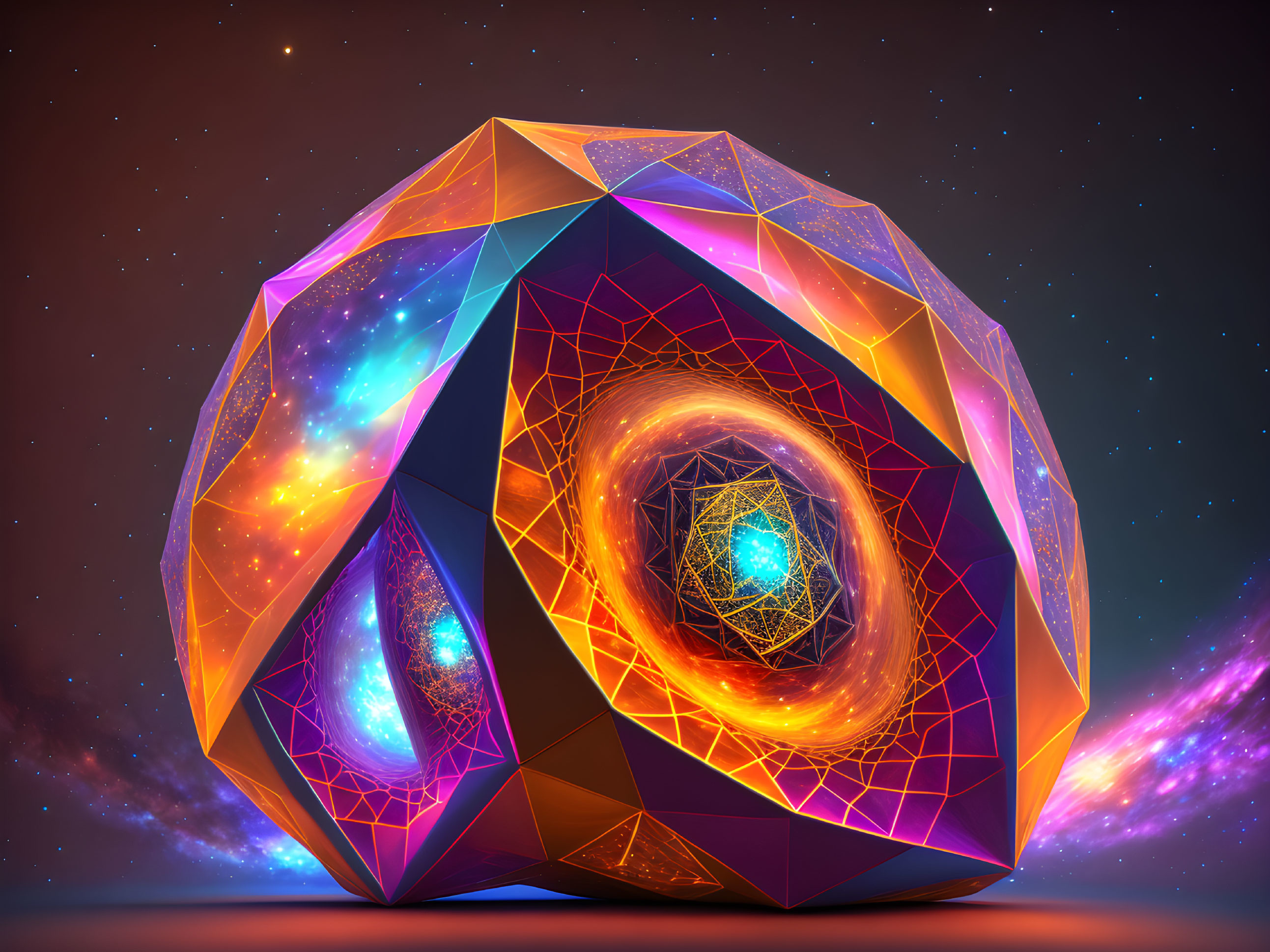 Colorful cosmic dodecahedron with intricate patterns in glowing space