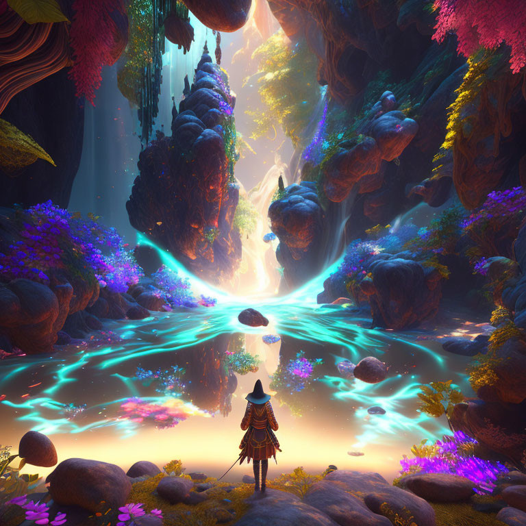 Person standing by luminous river in ethereal forest with floating rocks and vibrant flora