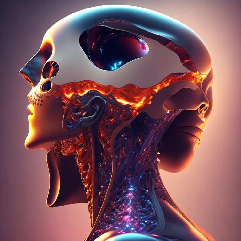 Translucent Human Head Profile with Glowing Organic and Mechanical Elements