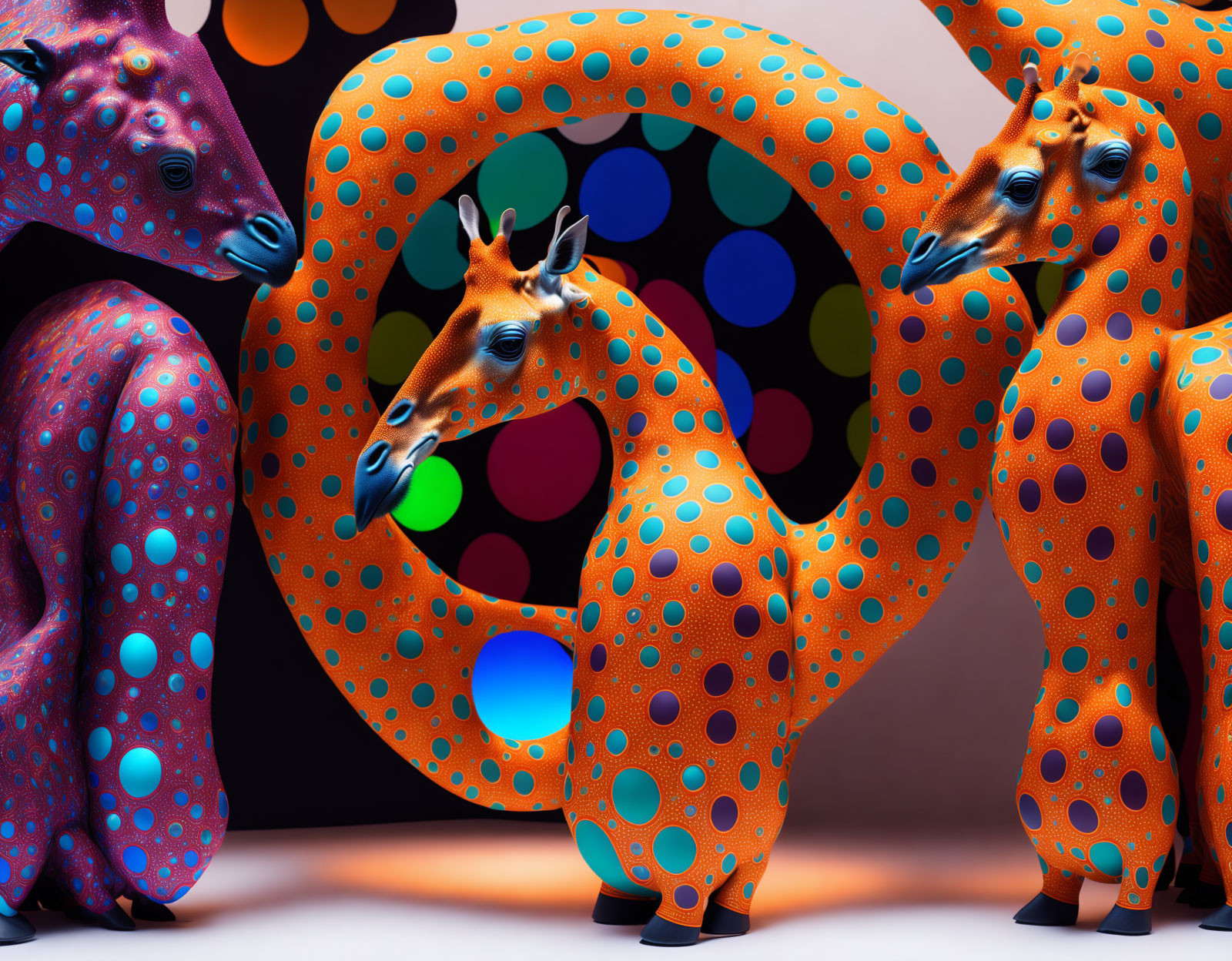 Vibrant surreal giraffes in colorful patterns on swirling necks.