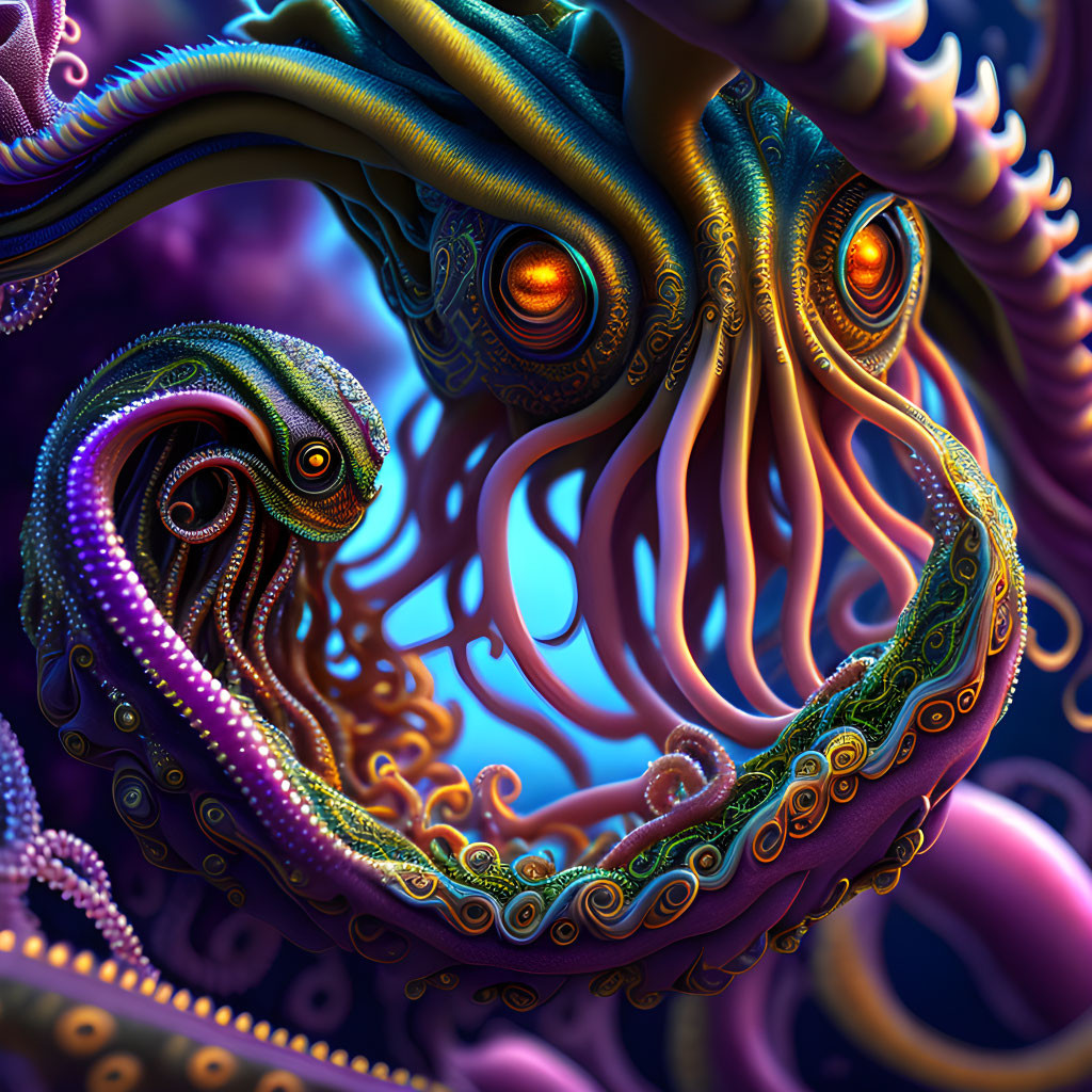 Colorful Fantastical Creature with Multiple Eyes and Tentacles in Vibrant Image