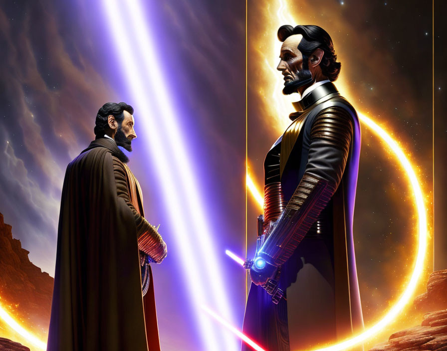 Dual Abraham Lincoln Figures with Lightsabers in Cosmic Setting