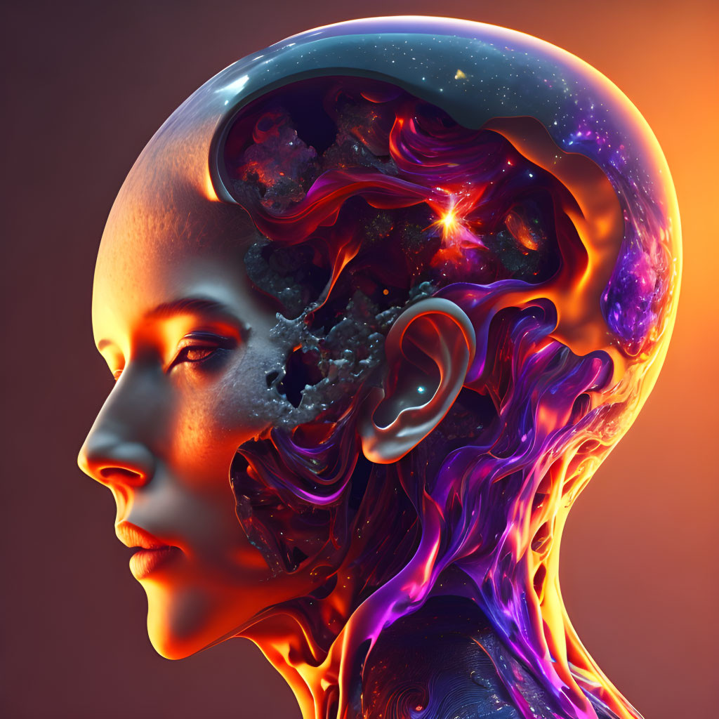 Cosmic-themed human profile digital artwork with vibrant colors