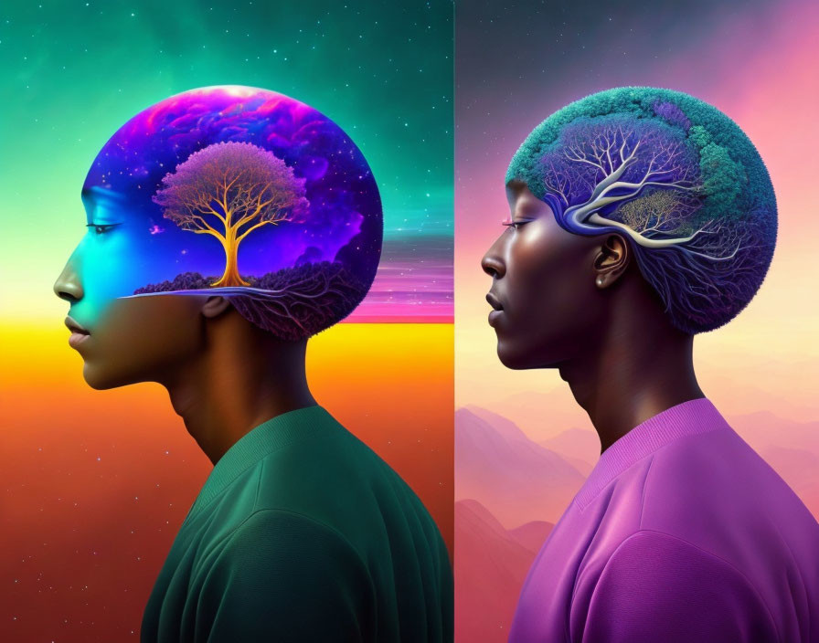 Profile illustrations with tree and space inside head on sunset and starry sky backdrop